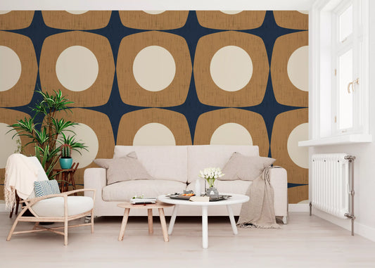 Papier peint à motif d’étoiles atomiques Mid-Century bleu marine et caramel\⁠
