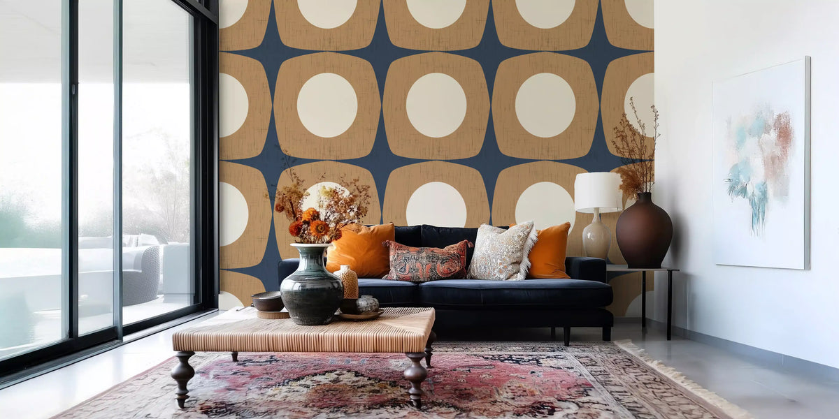 Papier peint à motif d’étoiles atomiques Mid-Century bleu marine et caramel\⁠