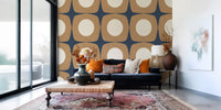 Papier peint à motif d’étoiles atomiques Mid-Century bleu marine et caramel\⁠