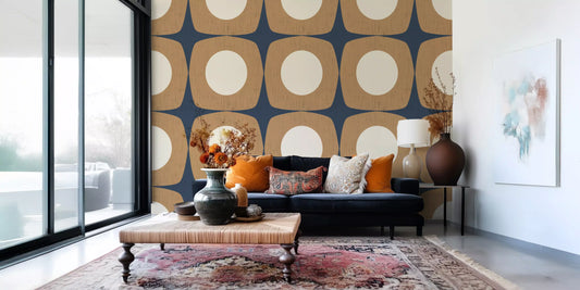 Papier peint à motif d’étoiles atomiques Mid-Century bleu marine et caramel\⁠