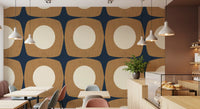 Papier peint à motif d’étoiles atomiques Mid-Century bleu marine et caramel\⁠