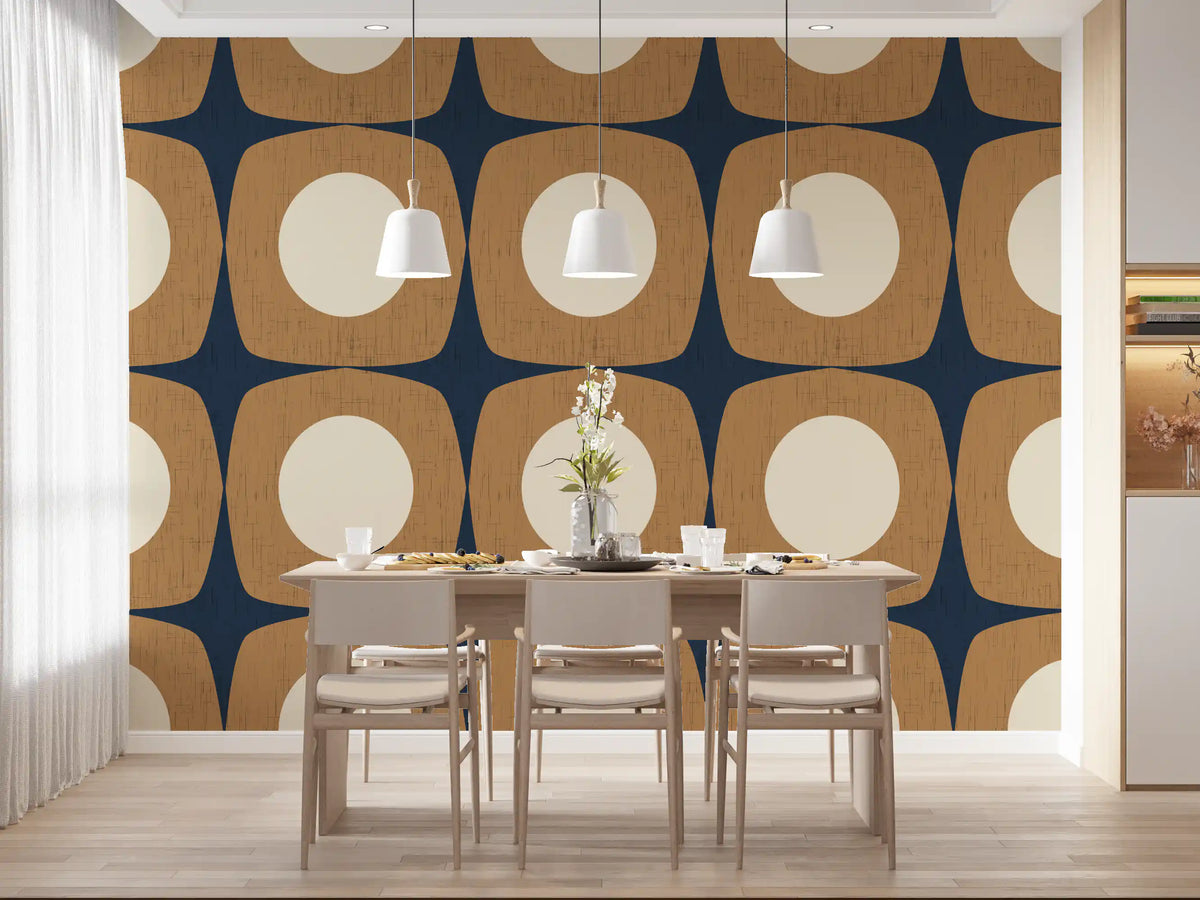 Papier peint à motif d’étoiles atomiques Mid-Century bleu marine et caramel\⁠