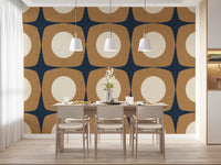 Papier peint à motif d’étoiles atomiques Mid-Century bleu marine et caramel\⁠