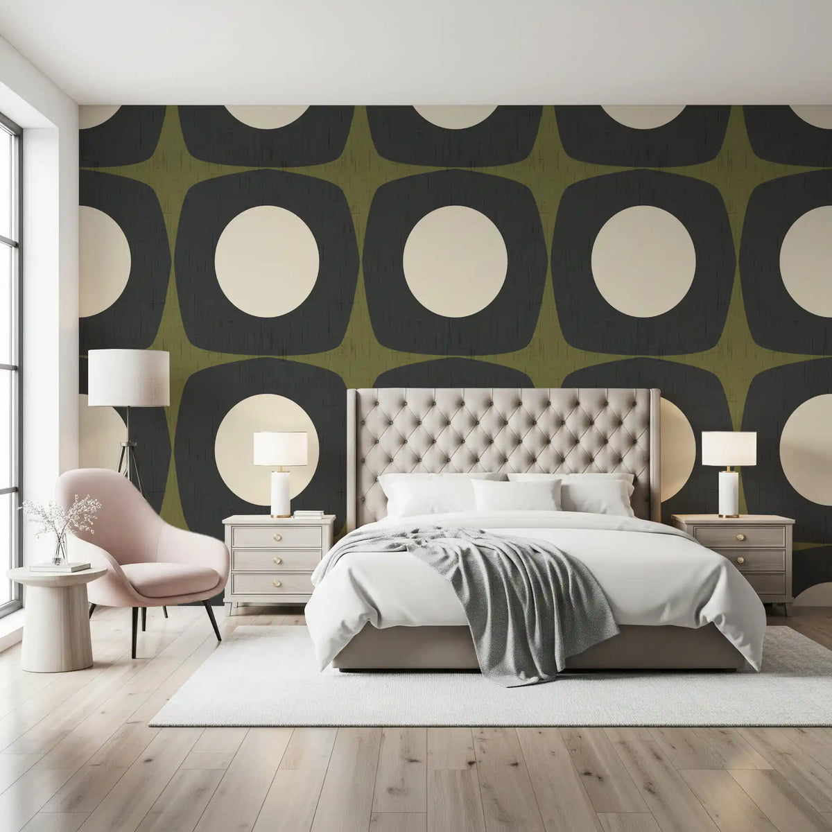 Mid Century Atomic Starburst Wallpaper Charcoal & Olive Wallpaper⁠