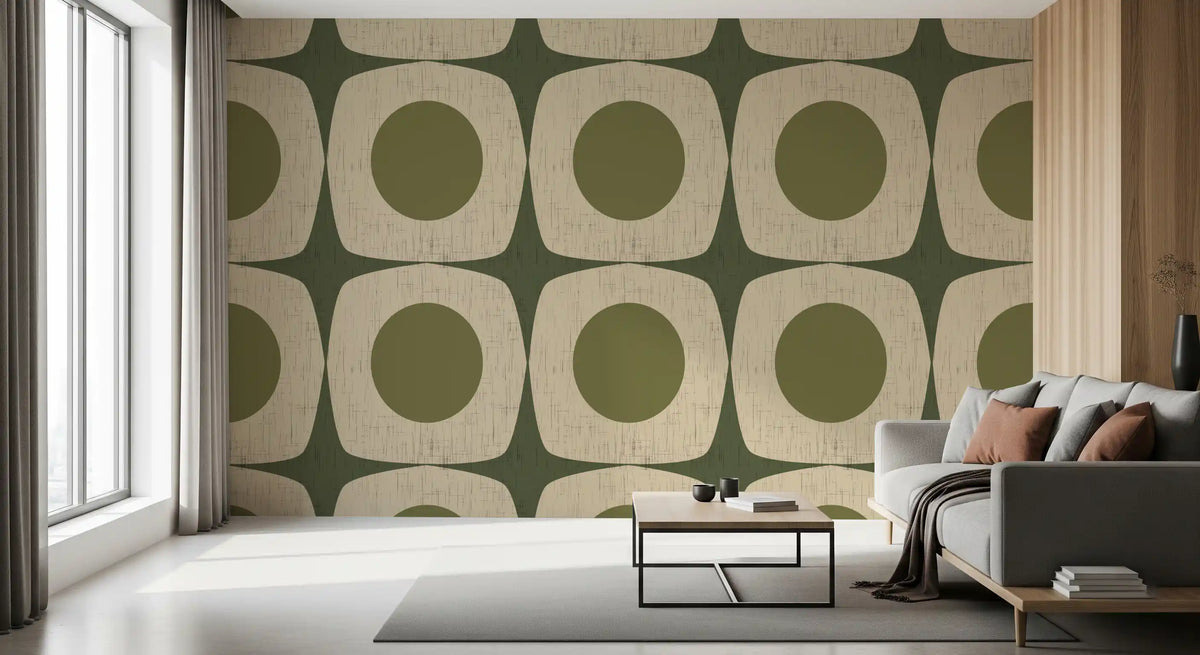 Carta da parati vintage geometrica con motivo a stella esplosiva Mid-Century verde oliva