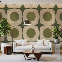 Carta da parati vintage geometrica con motivo a stella esplosiva Mid-Century verde oliva
