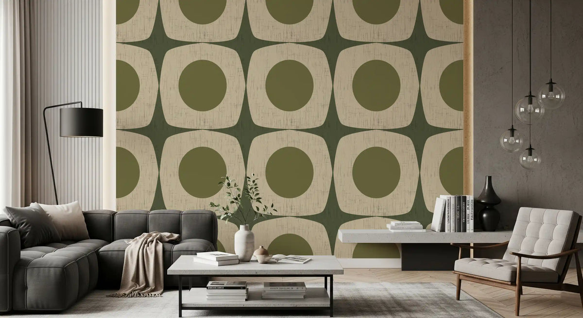 Carta da parati vintage geometrica con motivo a stella esplosiva Mid-Century verde oliva