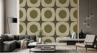 Carta da parati vintage geometrica con motivo a stella esplosiva Mid-Century verde oliva