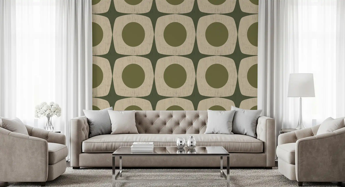 Carta da parati vintage geometrica con motivo a stella esplosiva Mid-Century verde oliva