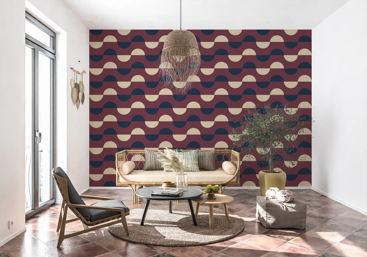 Mid Century-halvmåne-tapet i bordeaux, marineblå og creme