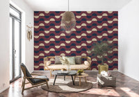 Mid Century-halvmåne-tapet i bordeaux, marineblå og creme