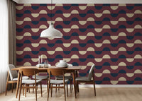 Mid Century-halvmåne-tapet i bordeaux, marineblå og creme
