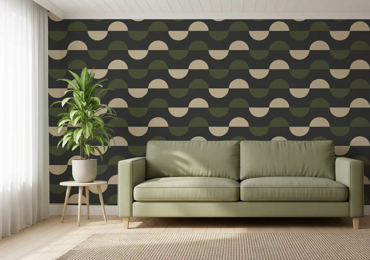 Papier peint demi-lune géométrique charbon et olive, style moderne du milieu du siècle