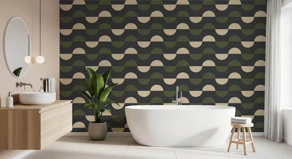 Papier peint demi-lune géométrique charbon et olive, style moderne du milieu du siècle