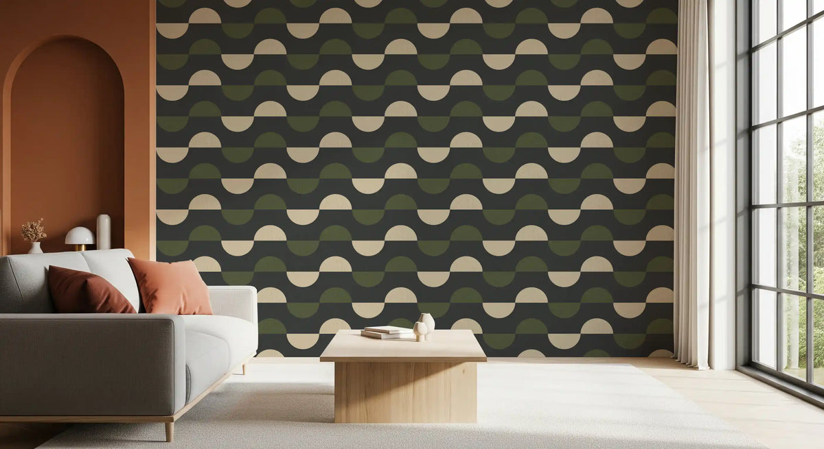 Papier peint demi-lune géométrique charbon et olive, style moderne du milieu du siècle