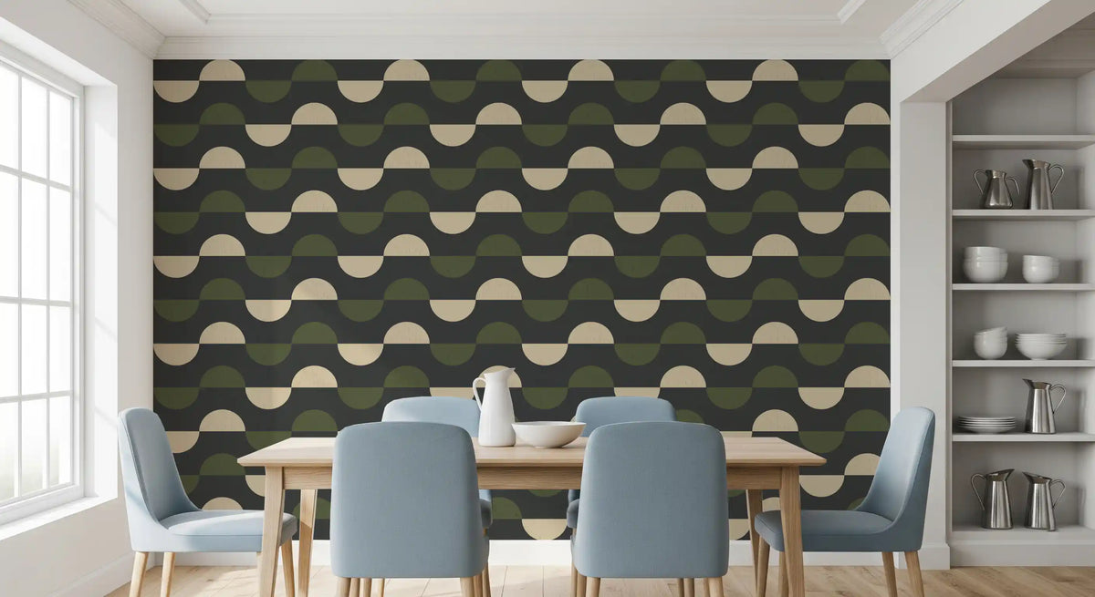 Papier peint demi-lune géométrique charbon et olive, style moderne du milieu du siècle