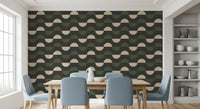Papier peint demi-lune géométrique charbon et olive, style moderne du milieu du siècle