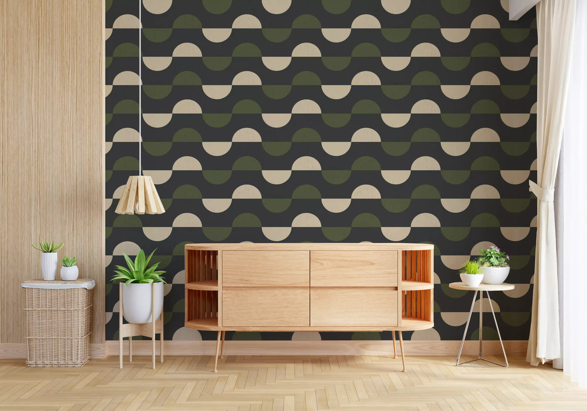 Papier peint demi-lune géométrique charbon et olive, style moderne du milieu du siècle
