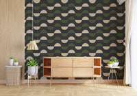 Papier peint demi-lune géométrique charbon et olive, style moderne du milieu du siècle