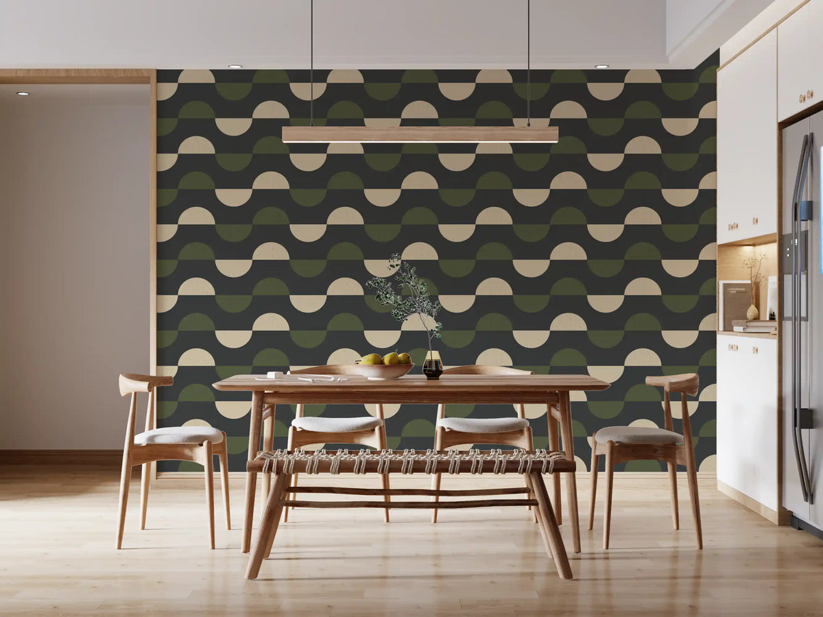 Papier peint demi-lune géométrique charbon et olive, style moderne du milieu du siècle