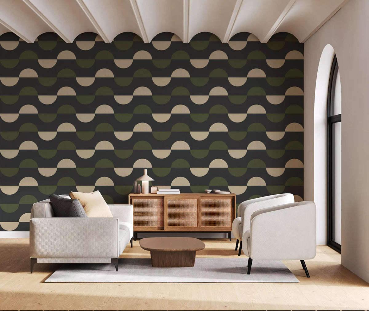 Papier peint demi-lune géométrique charbon et olive, style moderne du milieu du siècle