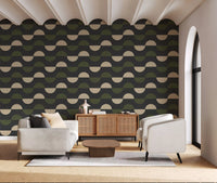Papier peint demi-lune géométrique charbon et olive, style moderne du milieu du siècle