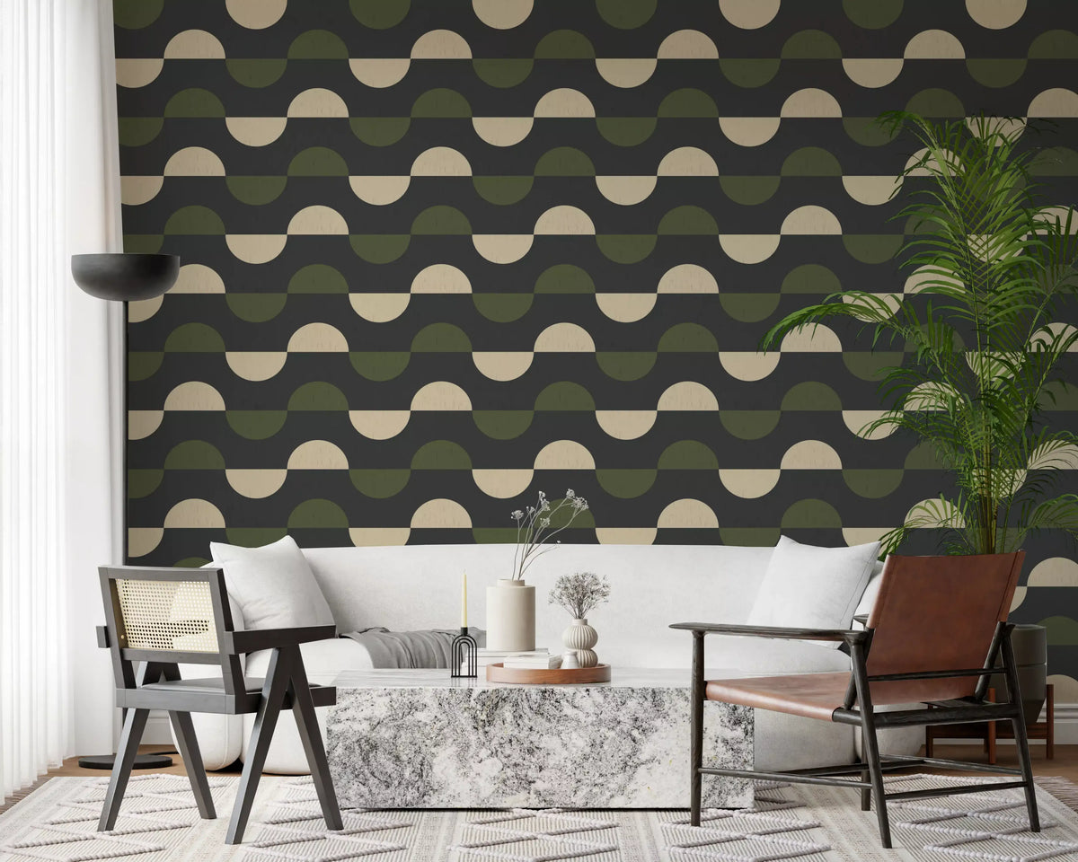 Papier peint demi-lune géométrique charbon et olive, style moderne du milieu du siècle