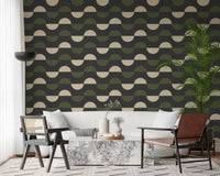 Papier peint demi-lune géométrique charbon et olive, style moderne du milieu du siècle