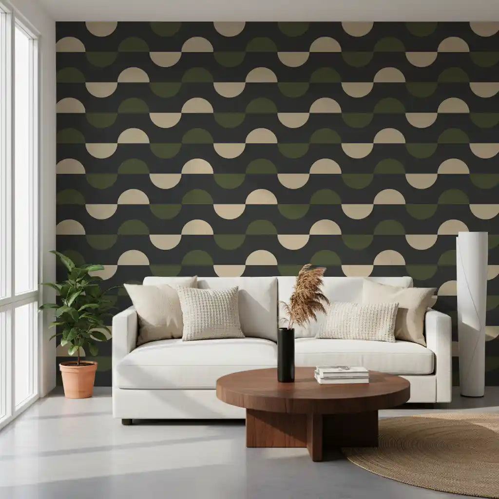 Papier peint demi-lune géométrique charbon et olive, style moderne du milieu du siècle