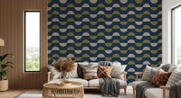 Navy and Olive Half Moon Wallpaper Retro Mid Century Modern Wallpaper⁠