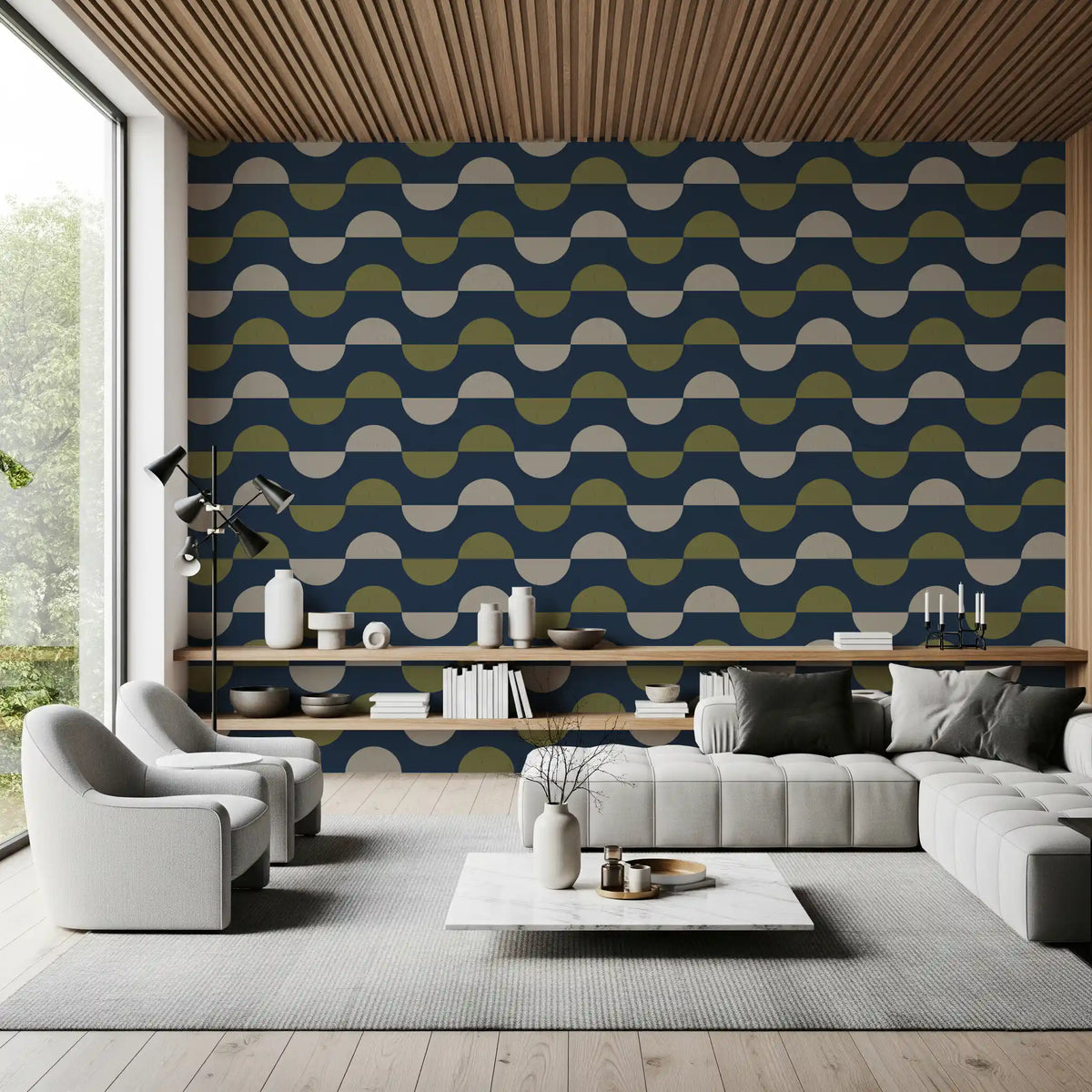Navy and Olive Half Moon Wallpaper Retro Mid Century Modern Wallpaper⁠