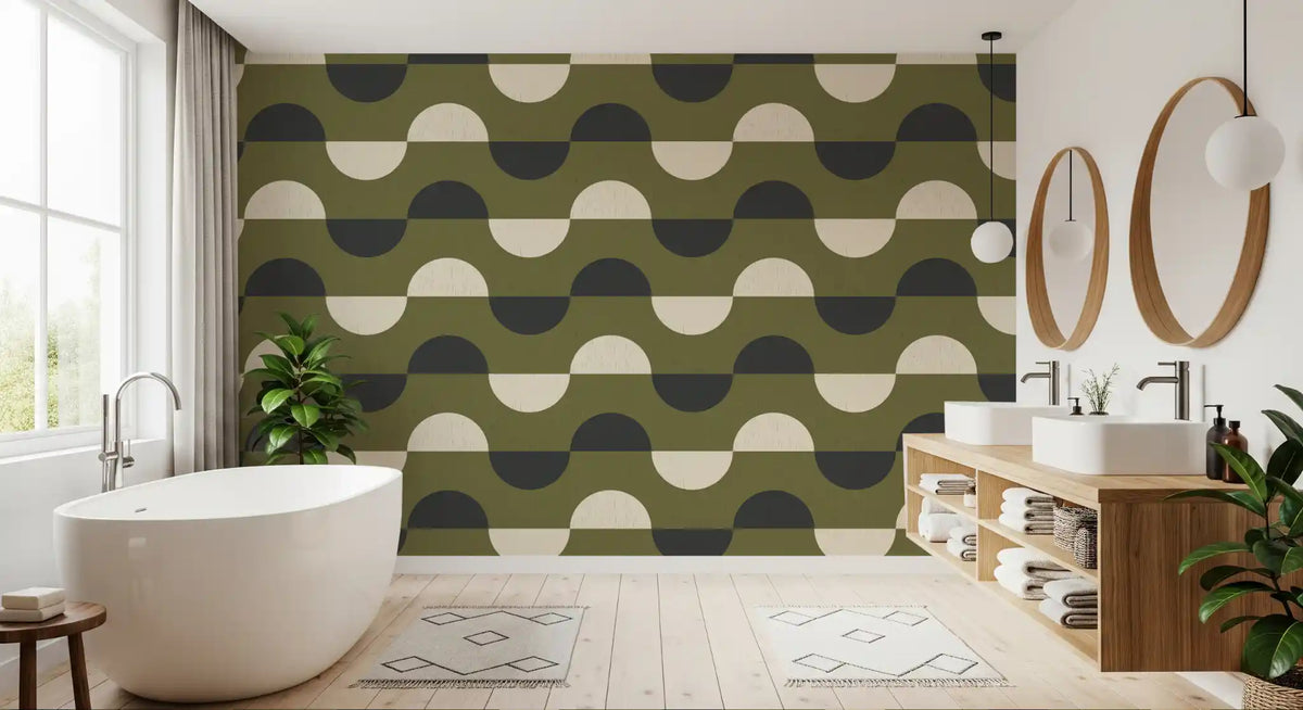 Papier peint demi-lune vert olive, style géométrique rétro du milieu du siècle