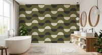 Papier peint demi-lune vert olive, style géométrique rétro du milieu du siècle