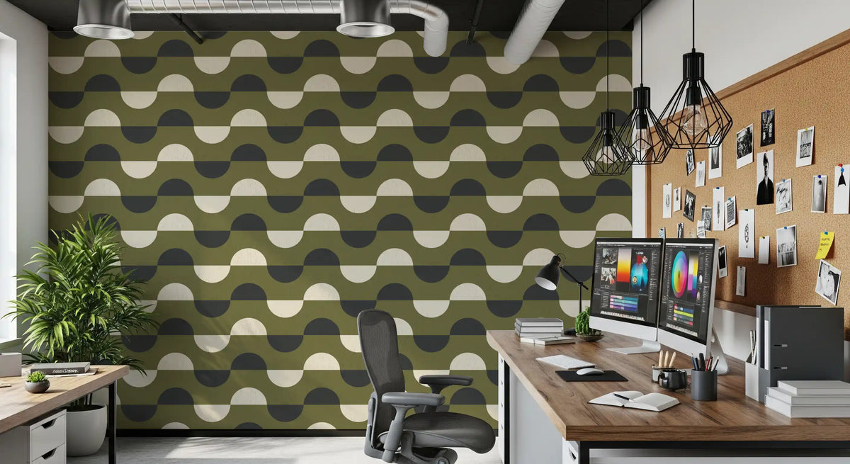 Papier peint demi-lune vert olive, style géométrique rétro du milieu du siècle