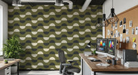 Papier peint demi-lune vert olive, style géométrique rétro du milieu du siècle
