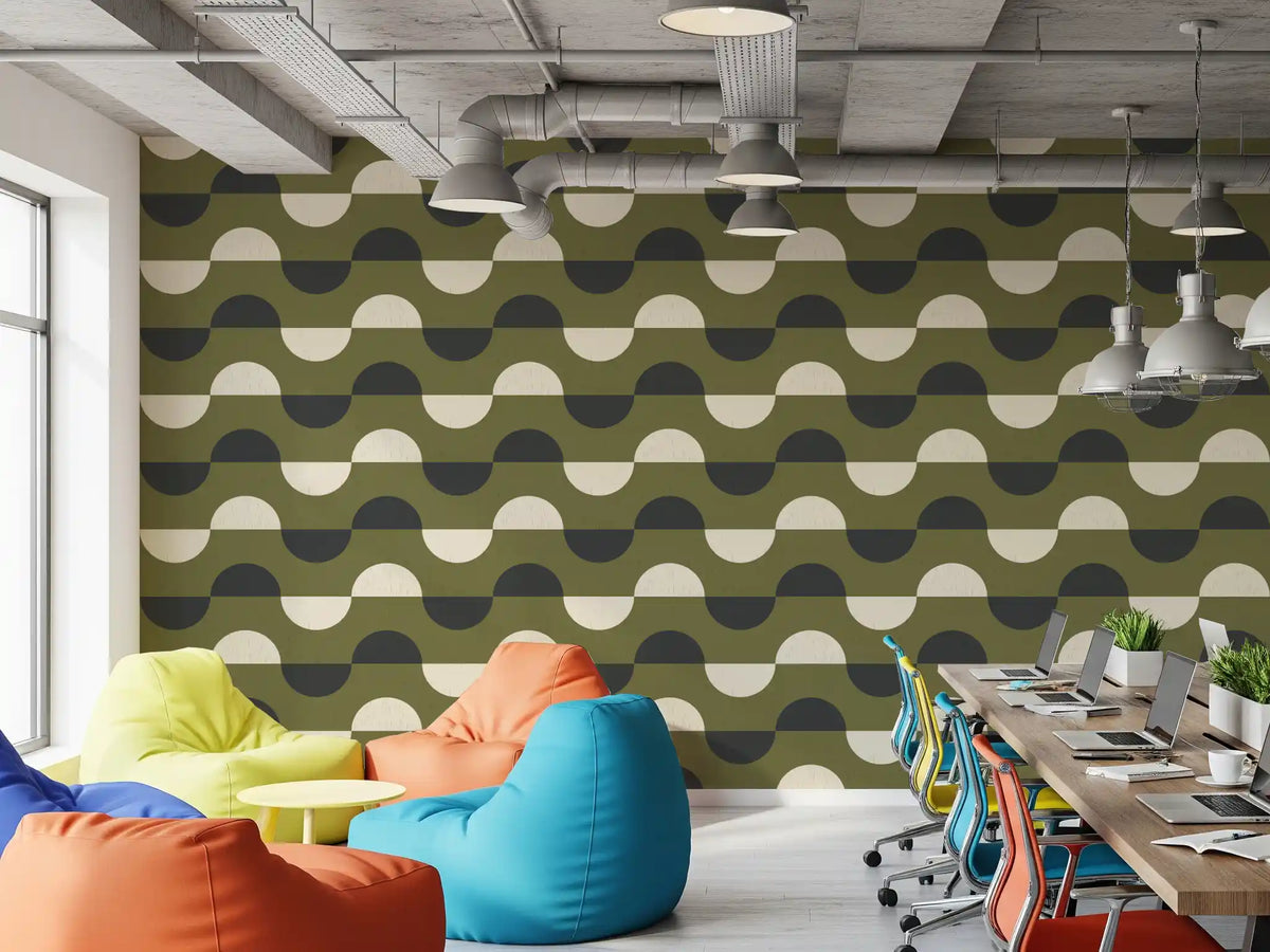 Papier peint demi-lune vert olive, style géométrique rétro du milieu du siècle