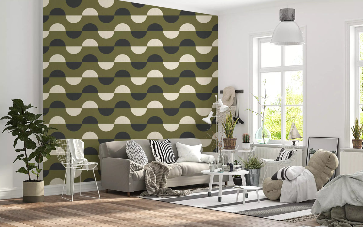 Papier peint demi-lune vert olive, style géométrique rétro du milieu du siècle