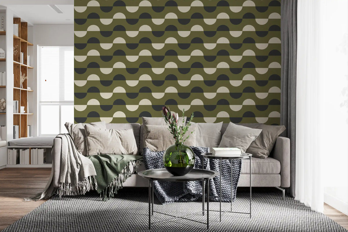 Papier peint demi-lune vert olive, style géométrique rétro du milieu du siècle