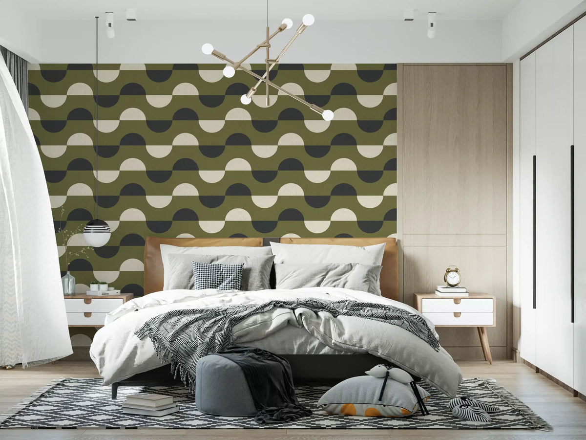 Papier peint demi-lune vert olive, style géométrique rétro du milieu du siècle