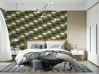 Papier peint demi-lune vert olive, style géométrique rétro du milieu du siècle