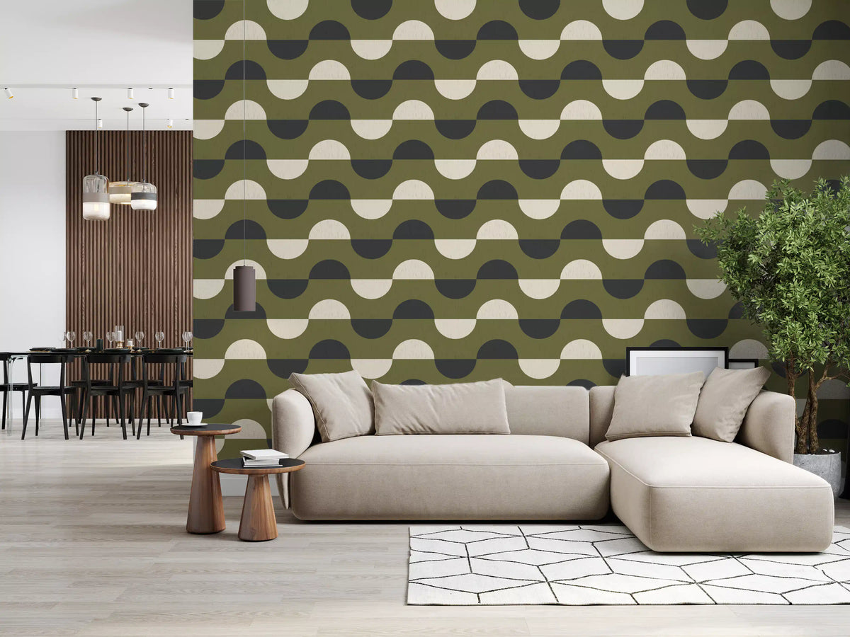 Papier peint demi-lune vert olive, style géométrique rétro du milieu du siècle