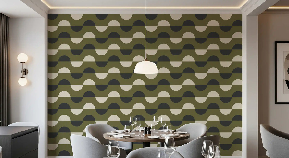 Papier peint demi-lune vert olive, style géométrique rétro du milieu du siècle