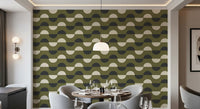 Papier peint demi-lune vert olive, style géométrique rétro du milieu du siècle