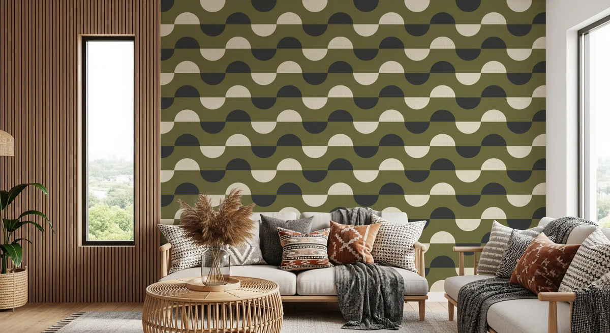 Papier peint demi-lune vert olive, style géométrique rétro du milieu du siècle