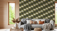 Papier peint demi-lune vert olive, style géométrique rétro du milieu du siècle