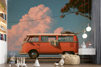 Vintage vægmaleri med kyst-campervan og feriestemning