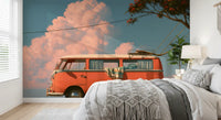 Vintage vægmaleri med kyst-campervan og feriestemning