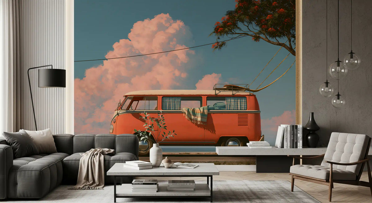 Vintage vægmaleri med kyst-campervan og feriestemning