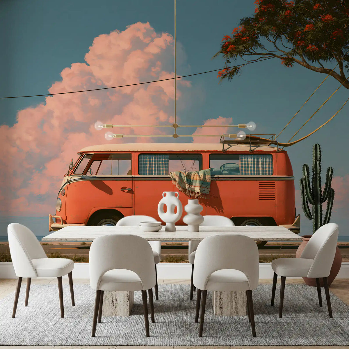 Vintage vægmaleri med kyst-campervan og feriestemning