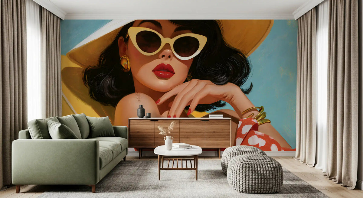 Papier peint panoramique mural Portrait rétro d’une baigneuse au soleil